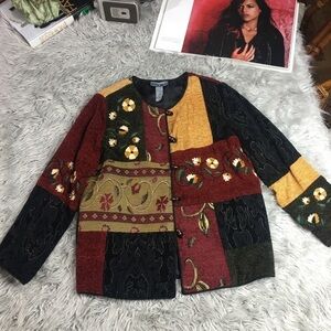 Vintage 90s Indigo Moon Embellished Patchwork Jacket Boho Art-to-Wear